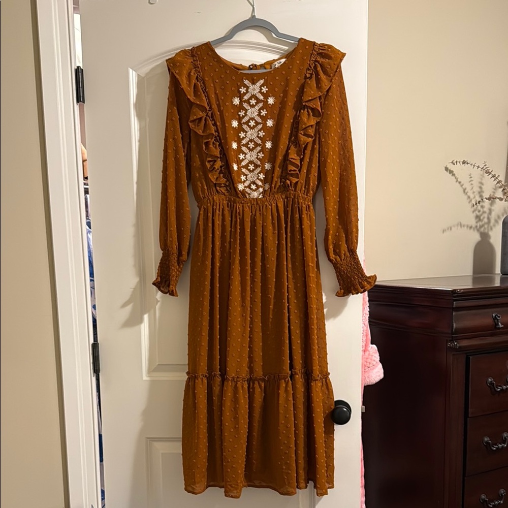 Burnt Orange Swiss Dot Midi Dress